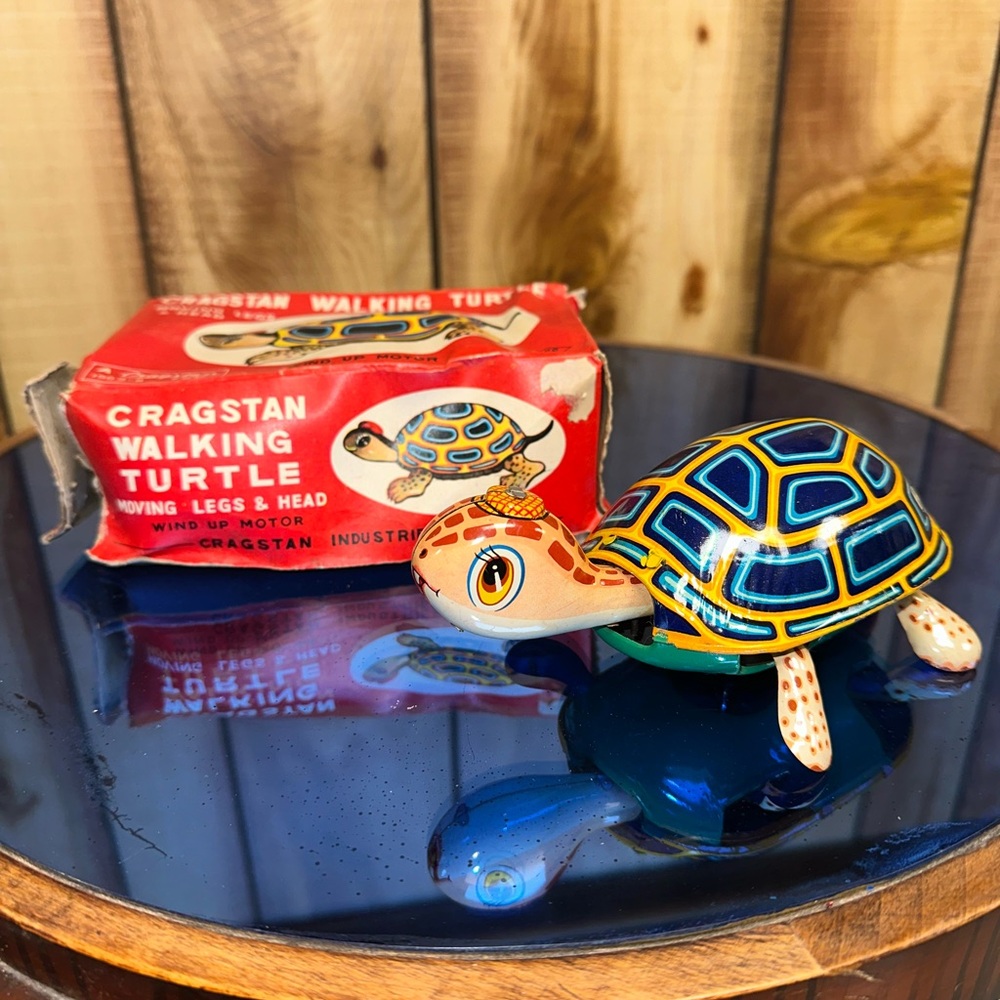 VINTAGE CRAGSTAN TIN LITHO WIND UP WALKING‎ TURTLE IN BOX -~ WORKS